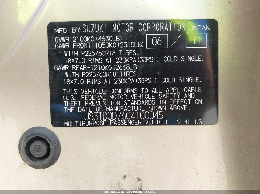 2012 Suzuki Grand vitara VIN JS3TD0D76C4100045 IAAI salvage auction — NORMAL WEAR, Original (Maine), sold $975 on 2026-07-27 (photo 9)