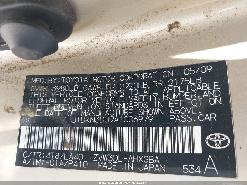 2010 Toyota Prius VIN JTDKN3DU9A1006979 IAAI salvage auction — NORMAL WEAR, Salvage (California), sold $950 on 2026-07-29 (photo 9)