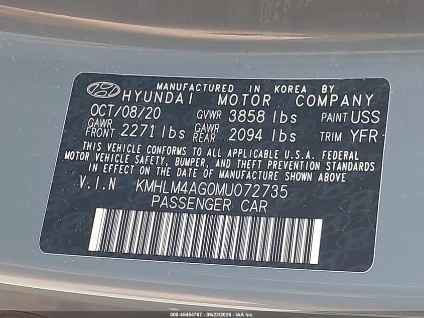 2021 Hyundai Elantra VIN KMHLM4AG0MU072735 IAAI salvage auction — RIGHT FRONT, Bill Of Sale (Washington), sold $1,600 on 2026-07-11 (photo 9)