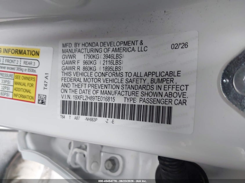 2026 Honda Civic VIN 19XFL2H89TE016815 IAAI salvage auction — LEFT SIDE, Salvage Title, sold $7,500 on 2026-07-25 (photo 9)