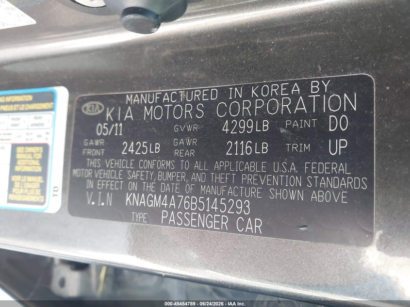 2011 Kia Optima VIN KNAGM4A76B5145293 IAAI salvage auction — FRONT END, Original (Texas), sold $475 on 2026-07-07 (photo 9)