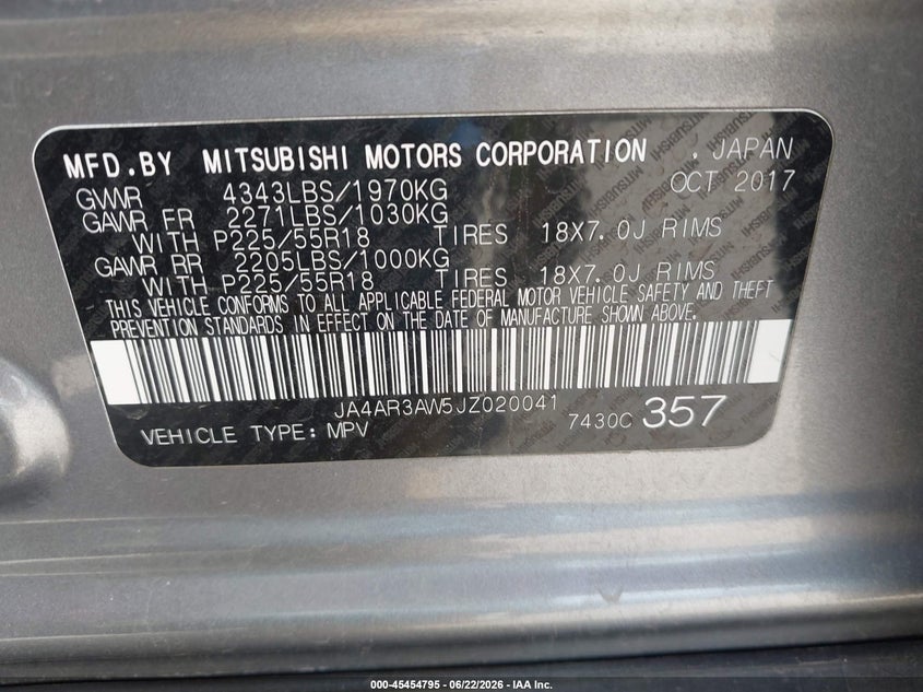 2018 Mitsubishi VIN JA4AR3AW5JZ020041 IAAI salvage auction — FRONT END, Regular (South Dakota), sold $2,550 on 2026-07-28 (photo 9)