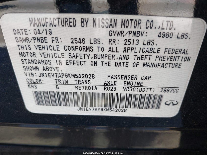 2019 Infiniti Q50 VIN JN1EV7AP9KM542028 IAAI salvage auction — ROOF, Clear - Dealer Only (California), sold $6,700 on 2026-07-29 (photo 9)