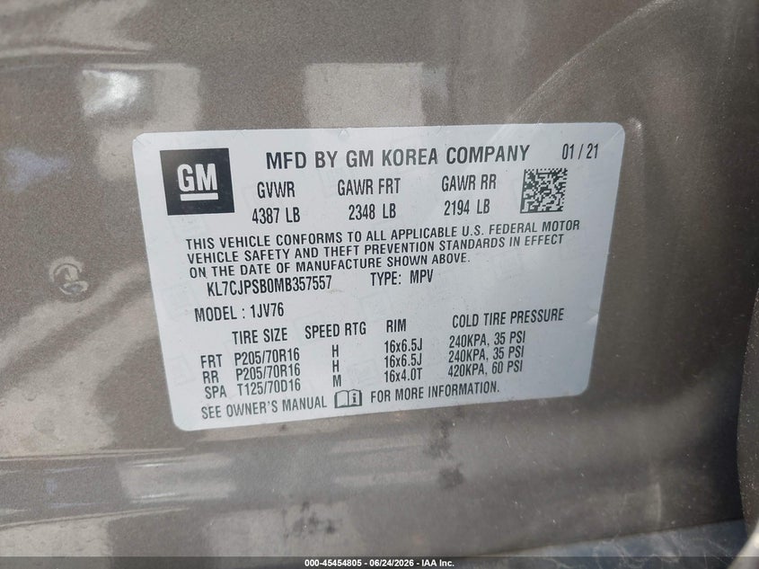 2021 Chevrolet Trax VIN KL7CJPSB0MB357557 IAAI salvage auction — FRONT & REAR, Salvage Title, sold $2,300 on 2026-07-28 (photo 9)