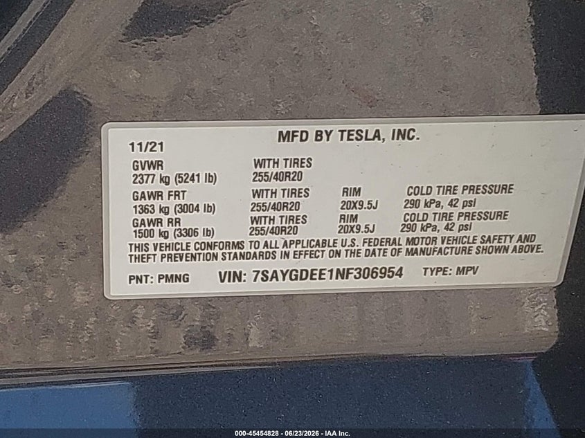 2022 Tesla Model y VIN 7SAYGDEE1NF306954 IAAI salvage auction — FRONT & REAR, Rebuildable (Florida), sold $7,150 on 2026-07-30 (photo 9)