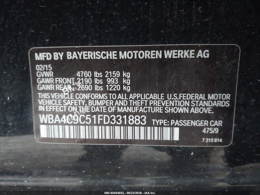 2015 BMW 4er VIN WBA4C9C51FD331883 IAAI salvage auction — NORMAL WEAR, Clear (New Jersey), sold $1,000 on 2026-07-28 (photo 9)