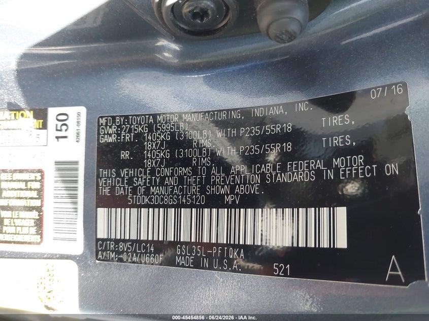 2016 Toyota Sienna VIN 5TDDK3DC8GS145120 IAAI salvage auction — FRONT END, Salvage Title, sold $4,975 on 2026-07-24 (photo 9)