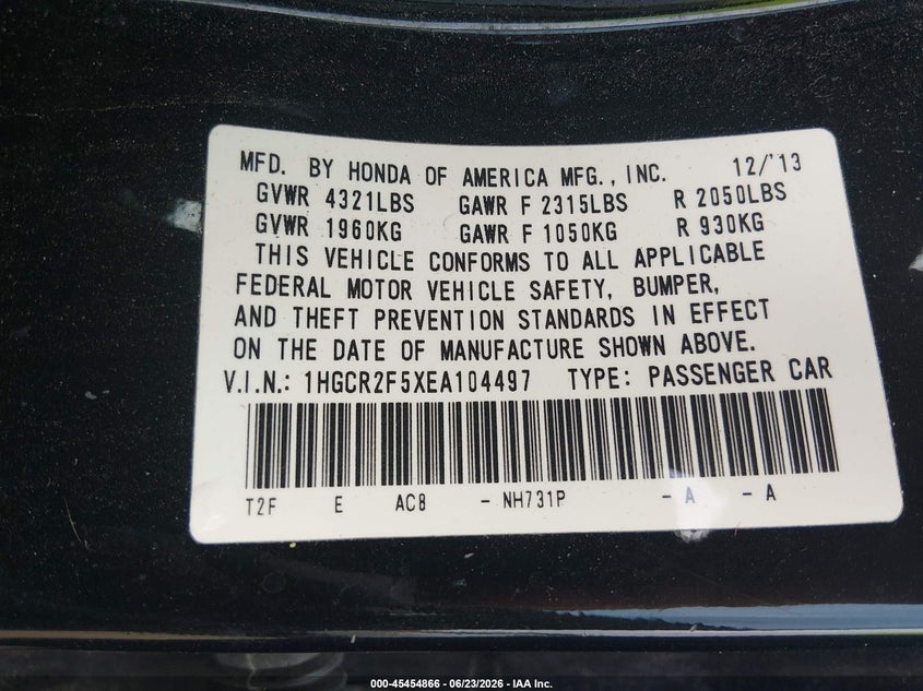 2014 Honda Accord VIN 1HGCR2F5XEA104497 IAAI salvage auction — FRONT END, Salvage (Mississippi), sold $2,250 on 2026-07-12 (photo 9)