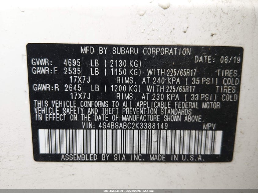 2019 Subaru Outback VIN 4S4BSABC2K3388149 IAAI salvage auction — ROOF, Salvage (Connecticut), sold $775 on 2026-07-30 (photo 9)
