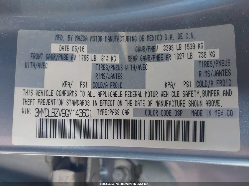2016 Scion Ia VIN 3MYDLBZV9GY143601 IAAI salvage auction — RIGHT SIDE, Salvage Title, sold $2,350 on 2026-08-01 (photo 9)