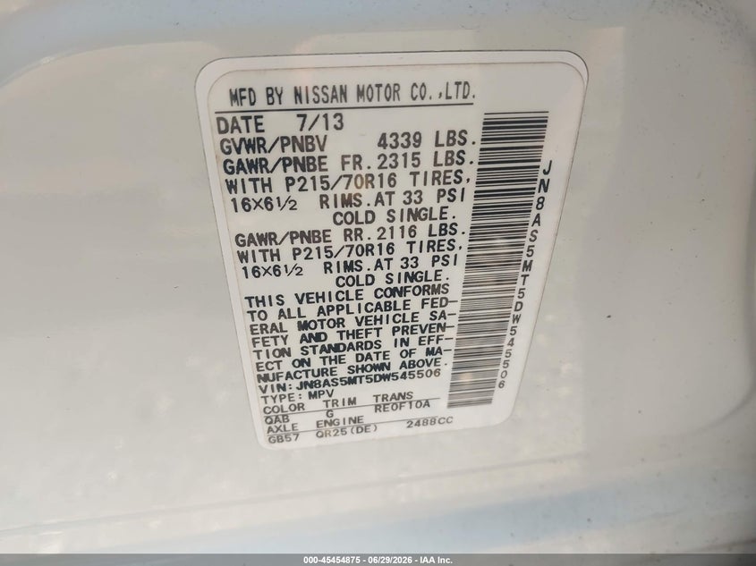 2013 Nissan Rogue VIN JN8AS5MT5DW545506 IAAI salvage auction — STORM DAMAGE, Mv-907A (New York), sold $425 on 2026-07-07 (photo 9)