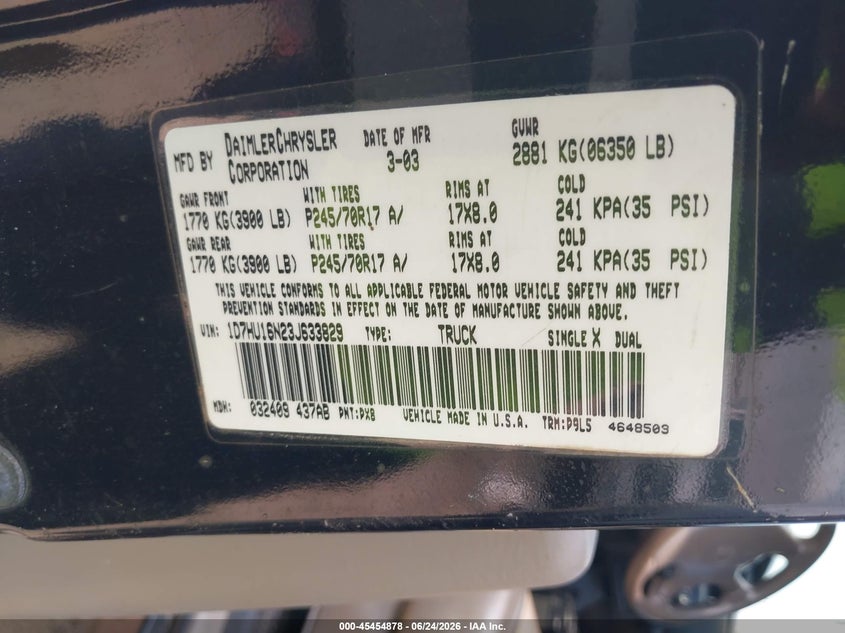 2003 Dodge Ram 1500 VIN 1D7HU16N23J633829 IAAI salvage auction — FRONT END, Salvage (Texas), sold $1,100 on 2026-07-09 (photo 9)