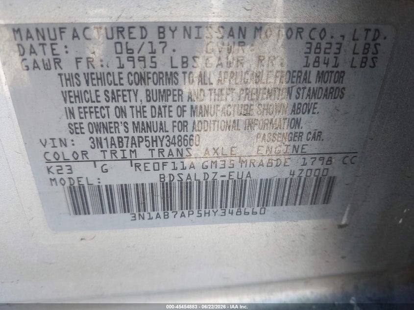 2017 Nissan Sentra VIN 3N1AB7AP5HY348660 IAAI salvage auction — REAR END, Salvage Title, sold $1,550 on 2026-07-19 (photo 9)