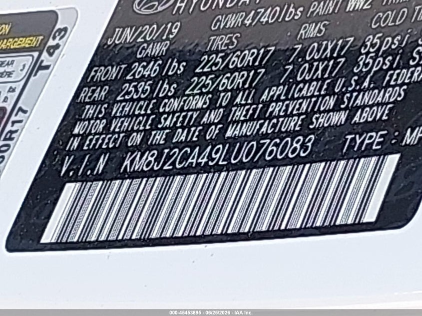 2020 Hyundai Tucson VIN KM8J2CA49LU076083 IAAI salvage auction — FRONT END, Salvage Title, sold $3,850 on 2026-07-28 (photo 9)