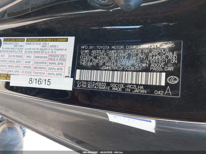 2015 Lexus Rc VIN JTHHE5BC2F5008751 IAAI salvage auction — FRONT END, Salvage Title, sold $1,000 on 2026-07-27 (photo 9)