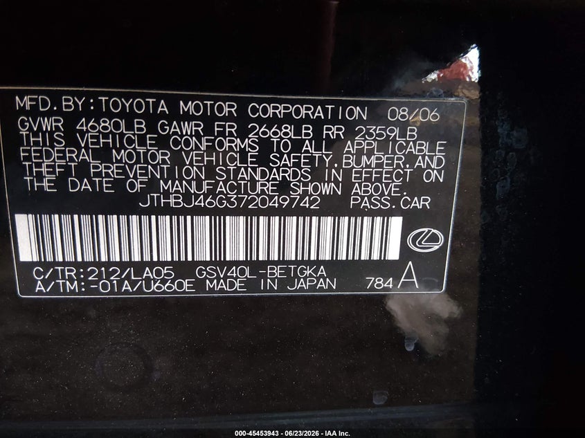2007 Lexus Es 350 VIN JTHBJ46G372049742 IAAI salvage auction — NORMAL WEAR, Clear-Dealer Only (Arizona), sold $1,800 on 2026-07-07 (photo 9)
