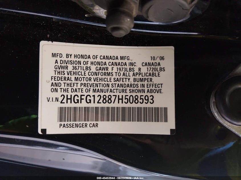 2007 Honda Civic VIN 2HGFG12887H508593 IAAI salvage auction — REAR END, Salvage (Utah), sold $350 on 2026-07-09 (photo 9)