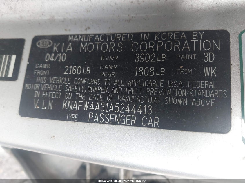 2010 Kia Forte VIN KNAFW4A31A5244413 IAAI salvage auction — REAR END, Mv-907A (New York), sold $550 on 2026-07-14 (photo 9)