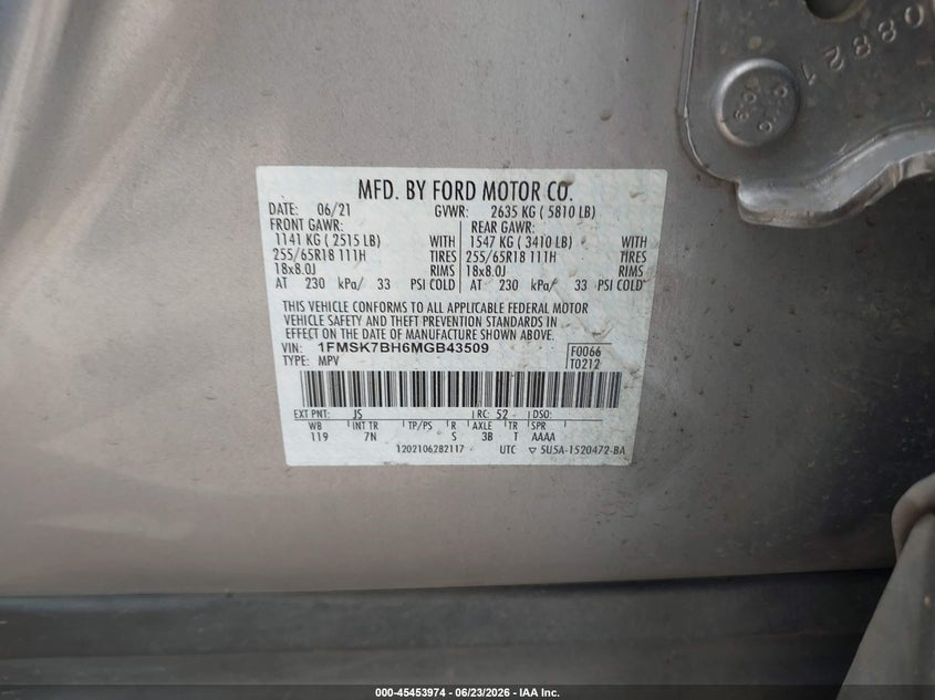 2021 Ford Explorer VIN 1FMSK7BH6MGB43509 IAAI salvage auction — FRONT END, Salvage Title, sold $1,850 on 2026-08-01 (photo 9)