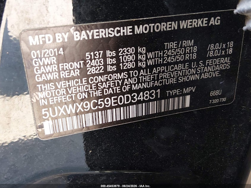 2014 BMW X3 VIN 5UXWX9C59E0D34831 IAAI salvage auction — RIGHT SIDE, Bill Of Sale (Washington), sold $875 on 2026-07-08 (photo 9)