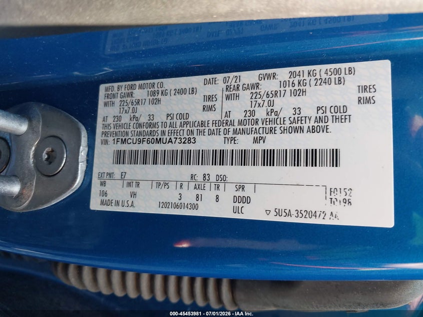 2021 Ford Escape VIN 1FMCU9F60MUA73283 IAAI salvage auction — NORMAL WEAR, Sf97 (New York), sold $8,750 on 2026-07-23 (photo 9)