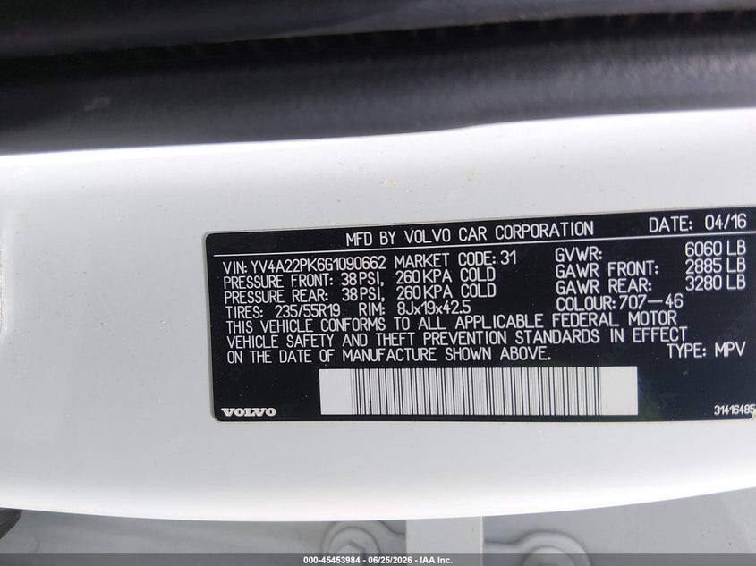 2016 Volvo Xc90 VIN YV4A22PK6G1090662 IAAI salvage auction — LEFT FRONT, Salvage (Connecticut), sold $450 on 2026-07-30 (photo 9)