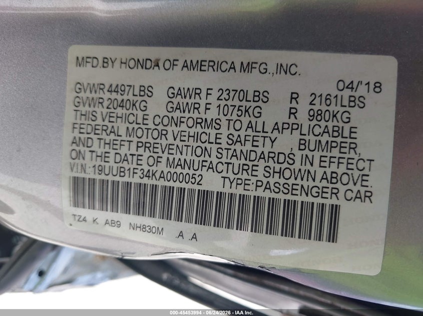 2019 Acura Tlx VIN 19UUB1F34KA000052 IAAI salvage auction — SIDE, Salvage Title, sold $925 on 2026-08-02 (photo 9)