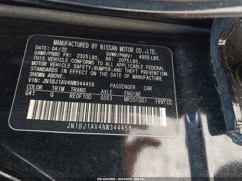 2022 Nissan Rogue VIN JN1BJ1AV4NW344458 IAAI salvage auction — REAR END, Salvage Title, sold $2,300 on 2026-08-01 (photo 9)