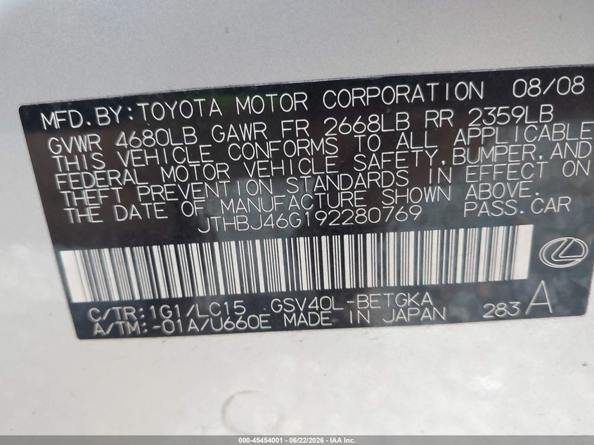 2009 Lexus Es 350 VIN JTHBJ46G192280769 IAAI salvage auction — WATER/FLOOD, Salvage (Mississippi), sold $750 on 2026-07-31 (photo 9)