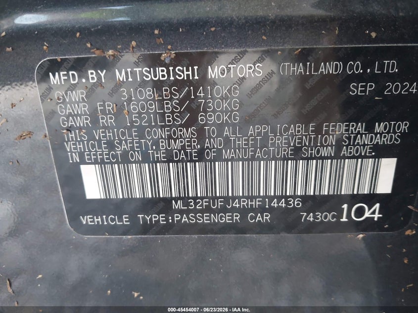 2024 Mitsubishi Mirage VIN ML32FUFJ4RHF14436 IAAI salvage auction — WATER/FLOOD, Salvage Title, sold $0 on 2026-09-27 (photo 9)