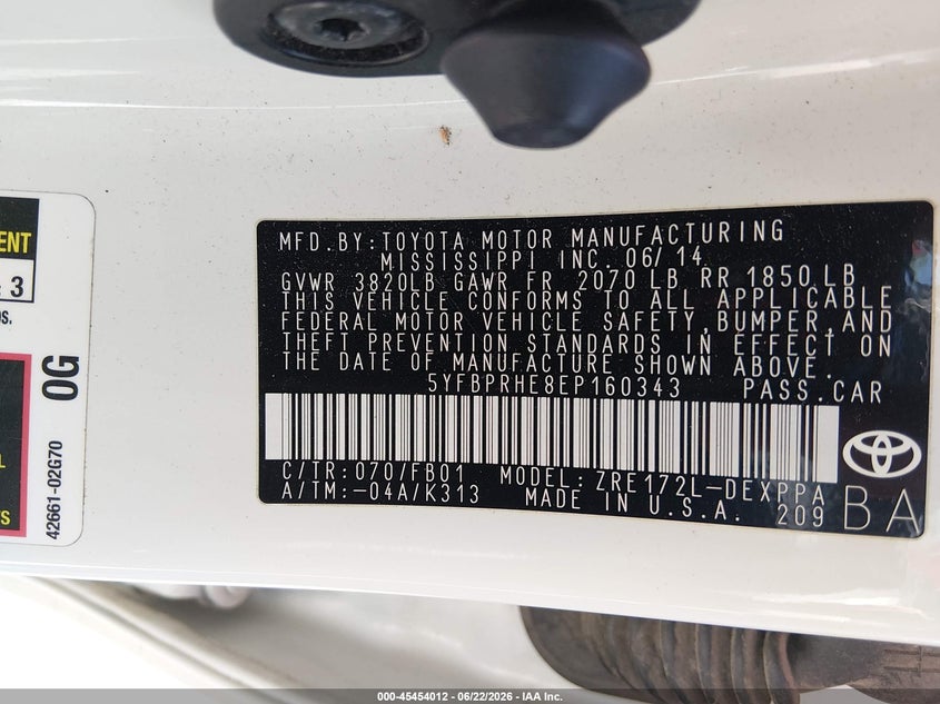 2014 Toyota Corolla VIN 5YFBPRHE8EP160343 IAAI salvage auction — FRONT END, Salvage Title, sold $1,325 on 2026-07-30 (photo 9)