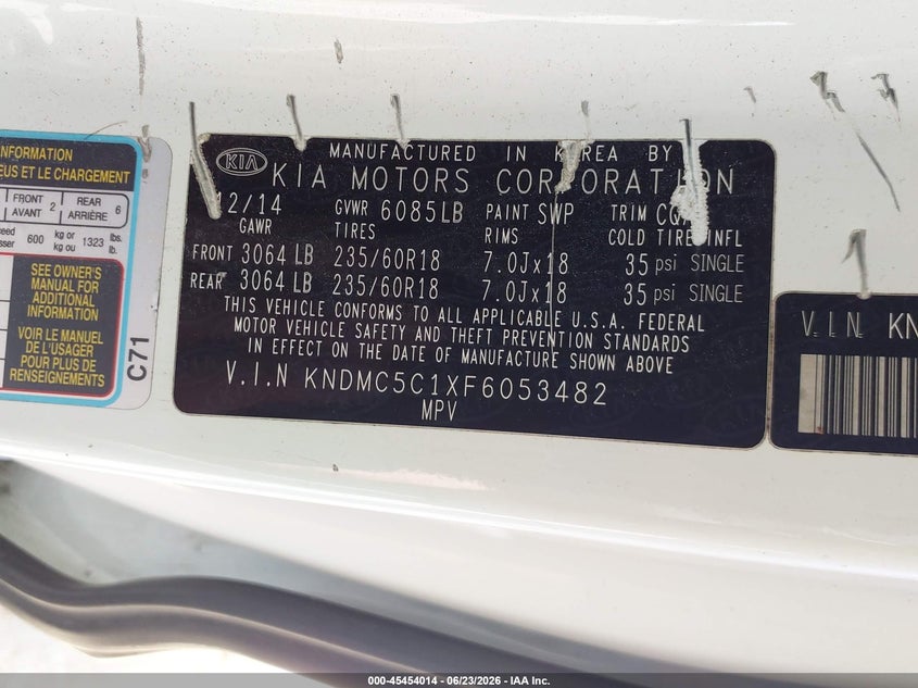 2015 Kia SEDONA VIN KNDMC5C1XF6053482 IAAI salvage auction — FRONT END, Clear (Louisiana), sold $1,000 on 2026-07-07 (photo 9)