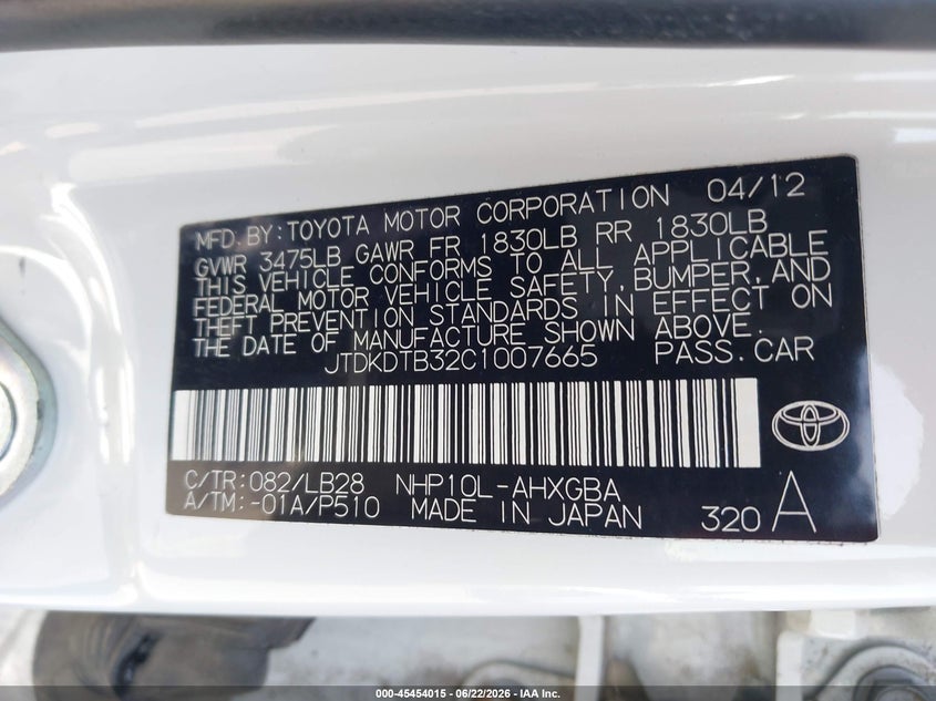 2012 Toyota Prius c VIN JTDKDTB32C1007665 IAAI salvage auction — NORMAL WEAR, Salvage (California), sold $1,525 on 2026-07-06 (photo 9)