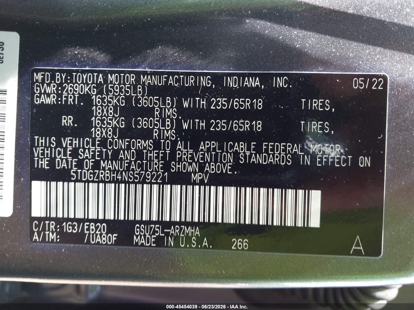 2022 Toyota Highlander VIN 5TDGZRBH4NS579221 IAAI salvage auction — FRONT END, Salvage Title, sold $13,600 on 2026-07-23 (photo 9)