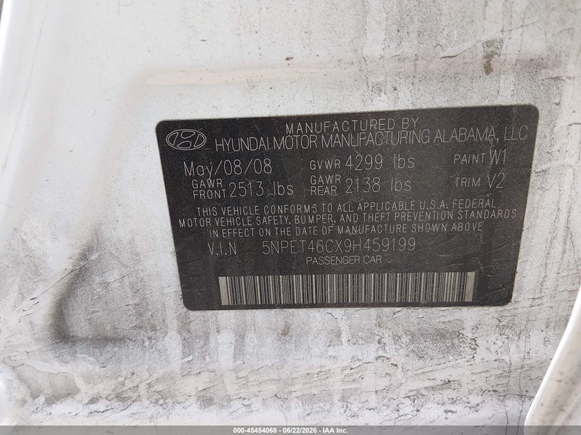 2009 Hyundai Sonata VIN 5NPET46CX9H459199 IAAI salvage auction — NORMAL WEAR, Clear (Arkansas), sold $450 on 2026-07-16 (photo 9)