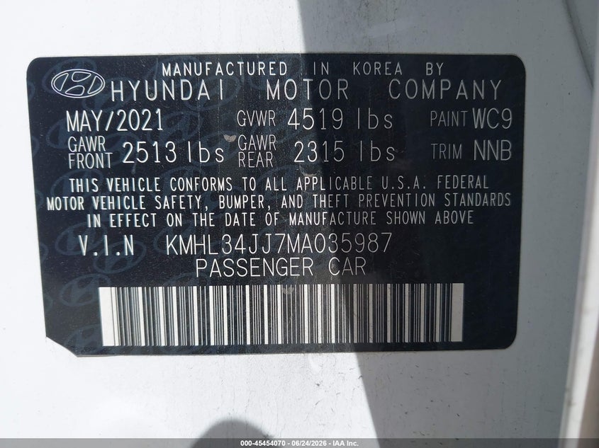 2021 Hyundai Sonata VIN KMHL34JJ7MA035987 IAAI salvage auction — FRONT END, Mv-907A (New York), sold $4,000 on 2026-07-25 (photo 9)