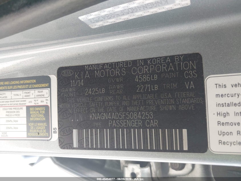 2015 Kia Optima VIN KNAGN4AD5F5084253 IAAI salvage auction — FRONT END, Salvage (California), sold $725 on 2026-07-08 (photo 9)