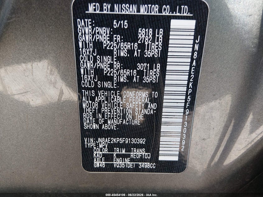 2015 Nissan Quest VIN JN8AE2KP5F9130392 IAAI salvage auction — NORMAL WEAR, Peddle Clear Public-Restricted (Oregon), sold $300 on 2026-07-29 (photo 9)