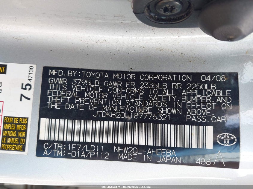2008 Toyota Prius VIN JTDKB20U187776321 IAAI salvage auction — REAR END, Salvage (Pennsylvania), sold $25 on 2026-07-21 (photo 9)