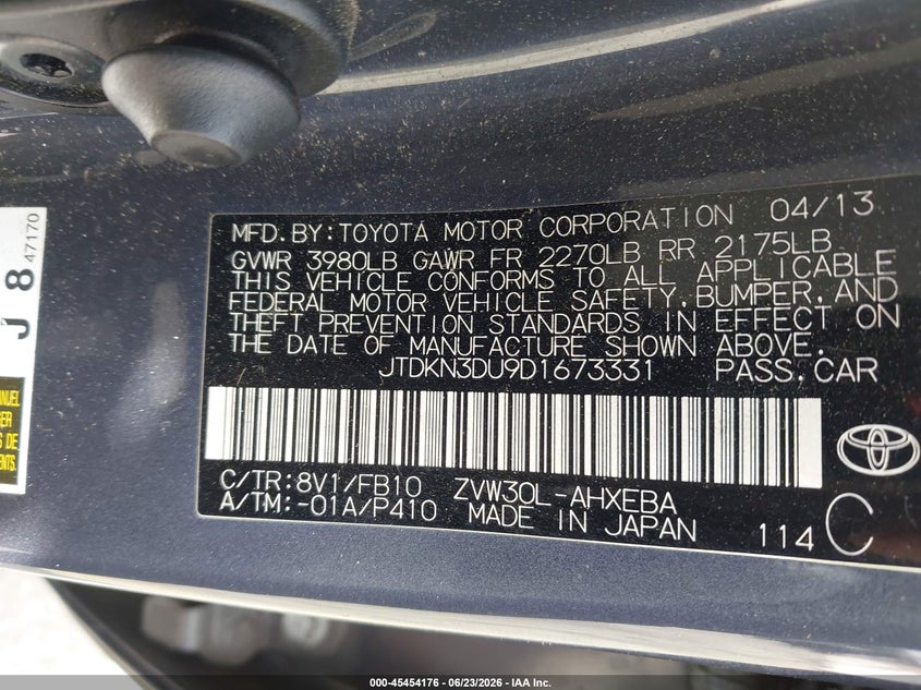 2013 Toyota Prius VIN JTDKN3DU9D1673331 IAAI salvage auction — SIDE, Salvage (California), sold $1,400 on 2026-07-13 (photo 9)