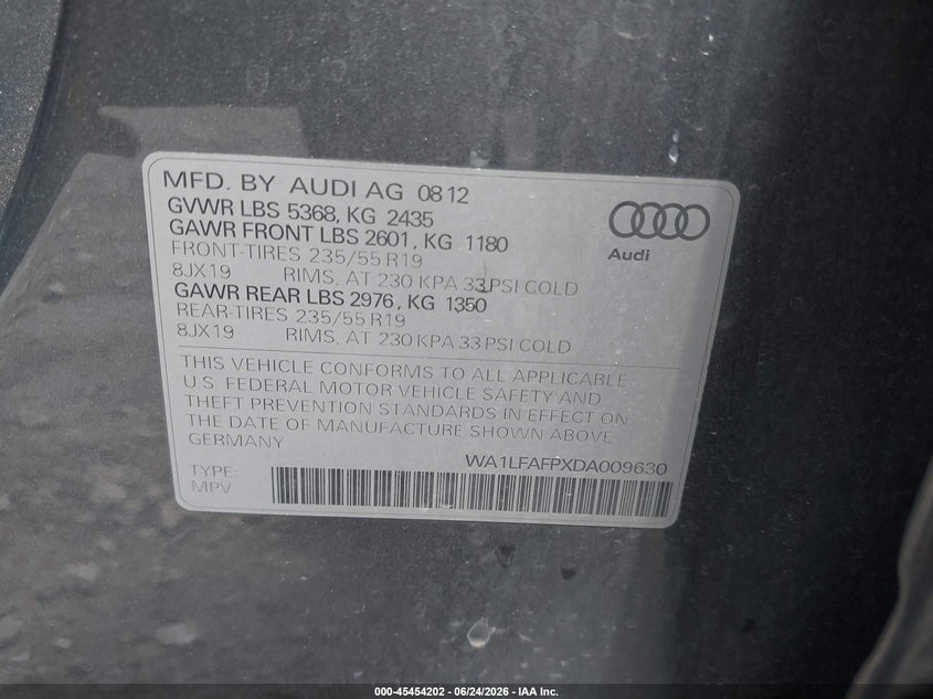 2013 Audi Q5 VIN WA1LFAFPXDA009630 IAAI salvage auction — RIGHT FRONT, Salvage Title, sold $2,500 on 2026-07-16 (photo 9)
