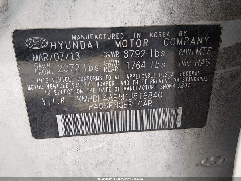 2013 Hyundai Elantra VIN KMHDH4AE5DU816840 IAAI salvage auction — NORMAL WEAR, Clear (Washington), sold $375 on 2026-07-29 (photo 9)