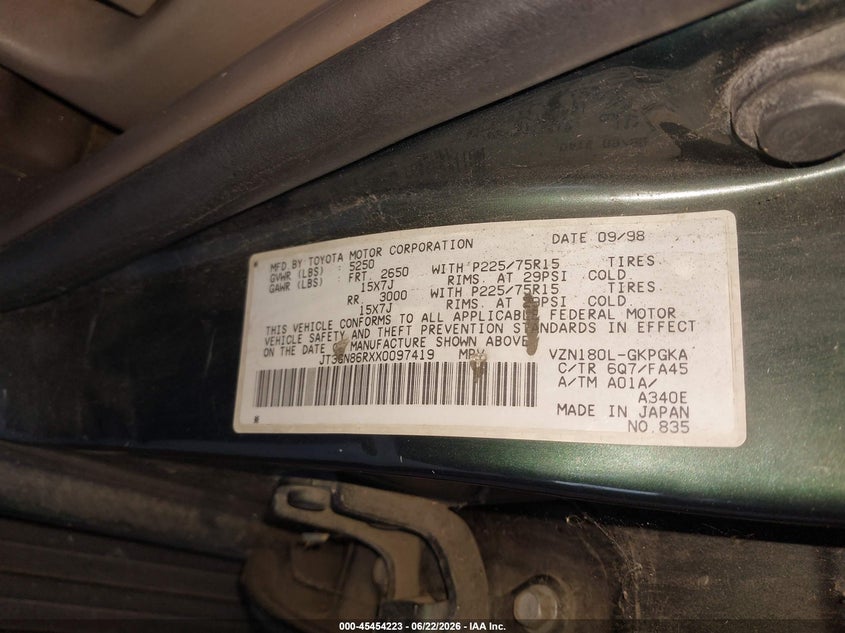 1999 Toyota 4runner VIN JT3GN86RXX0097419 IAAI salvage auction — NORMAL WEAR, Clear - Dealer Only (California), sold $700 on 2026-07-21 (photo 9)