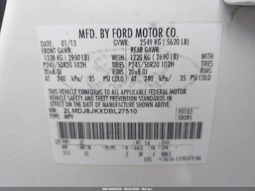 2013 Lincoln Mkx VIN 2LMDJ8JKXDBL27510 IAAI salvage auction — NORMAL WEAR, Original (Kentucky), sold $275 on 2026-07-09 (photo 9)