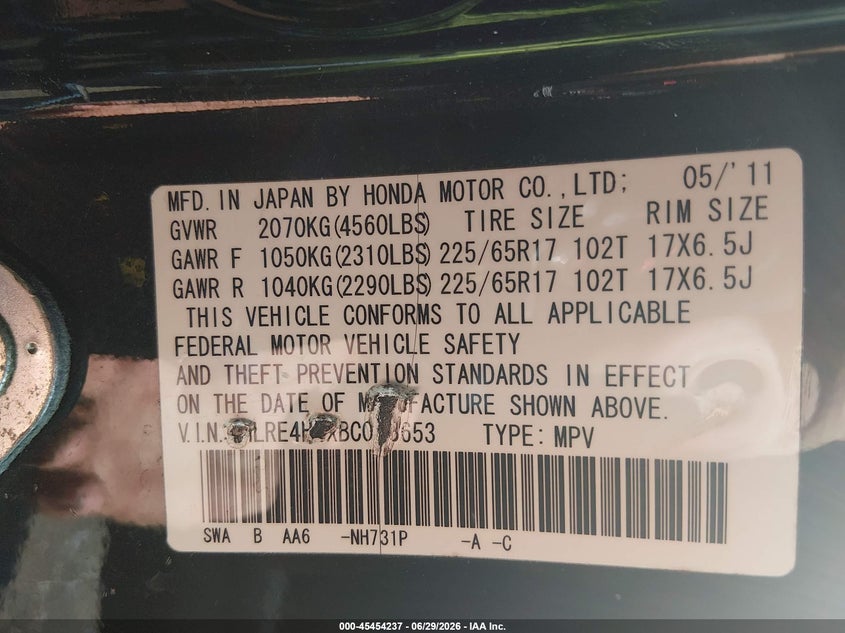 2011 Honda Cr-v VIN JHLRE4H4XBC023653 IAAI salvage auction — FRONT END, Salvage (Rhode Island), sold $350 on 2026-07-28 (photo 9)