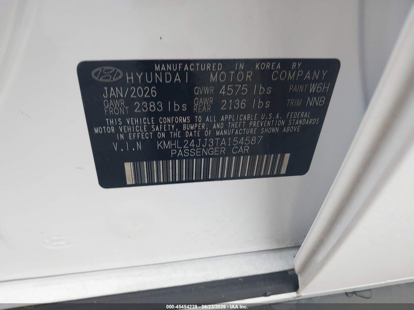 2026 Hyundai Sonata VIN KMHL24JJ3TA154587 IAAI salvage auction — WATER/FLOOD, Salvage Title, sold $6,800 on 2026-07-09 (photo 9)