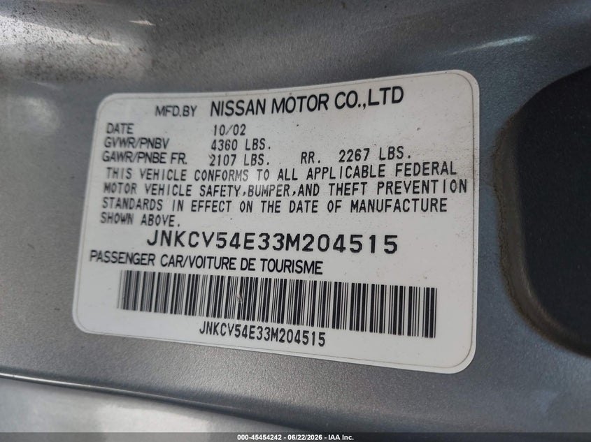 2003 Infiniti G VIN JNKCV54E33M204515 IAAI salvage auction — SIDE, Salvage (California), sold $650 on 2026-07-26 (photo 9)