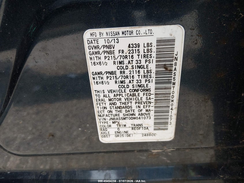 2013 Nissan Rogue VIN JN8AS5MT0DW041073 IAAI salvage auction — LEFT FRONT, Nrc Lienholder Repossession Paperwork (Texas), sold $225 on 2026-07-15 (photo 9)