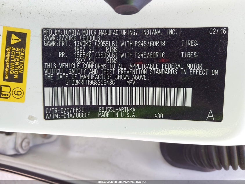 2016 Toyota Highlander VIN 5TDBKRFH9GS256486 IAAI salvage auction — RIGHT SIDE, Salvage (Texas), sold $2,350 on 2026-07-28 (photo 9)