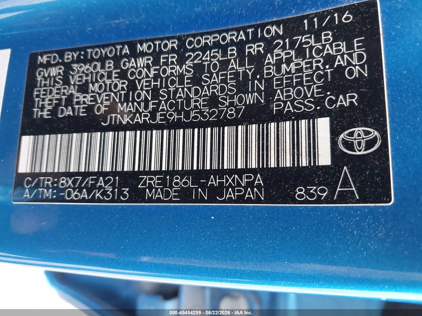 2017 Toyota VIN JTNKARJE9HJ532787 IAAI salvage auction — NORMAL WEAR, Original (Ohio), sold $4,550 on 2026-07-14 (photo 9)